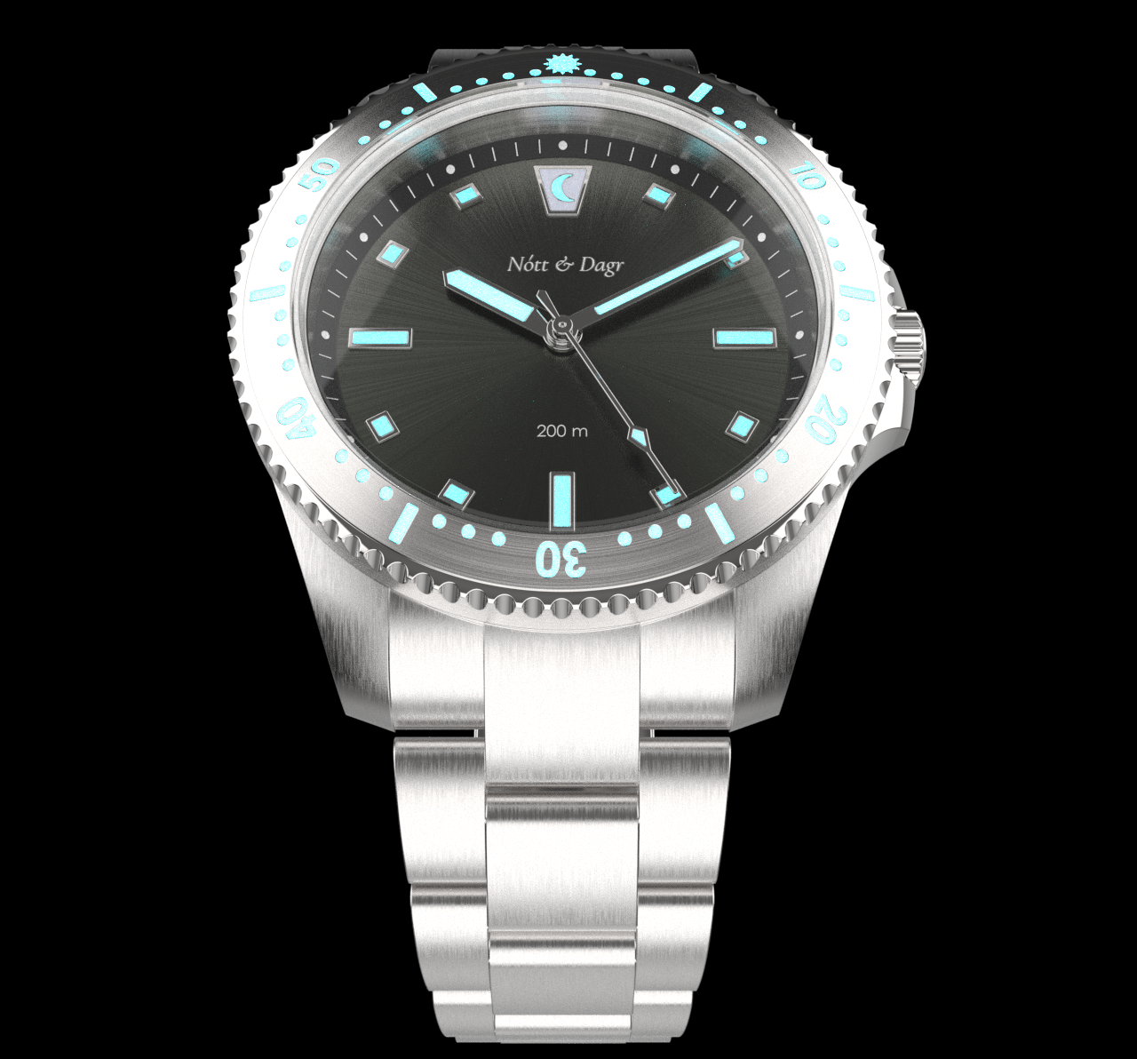 A stainless steel wristwatch with a black face, luminous markers, and blue accents, displaying the time, brand name 'Nött & Dagr,' and water resistance of 200 meters.