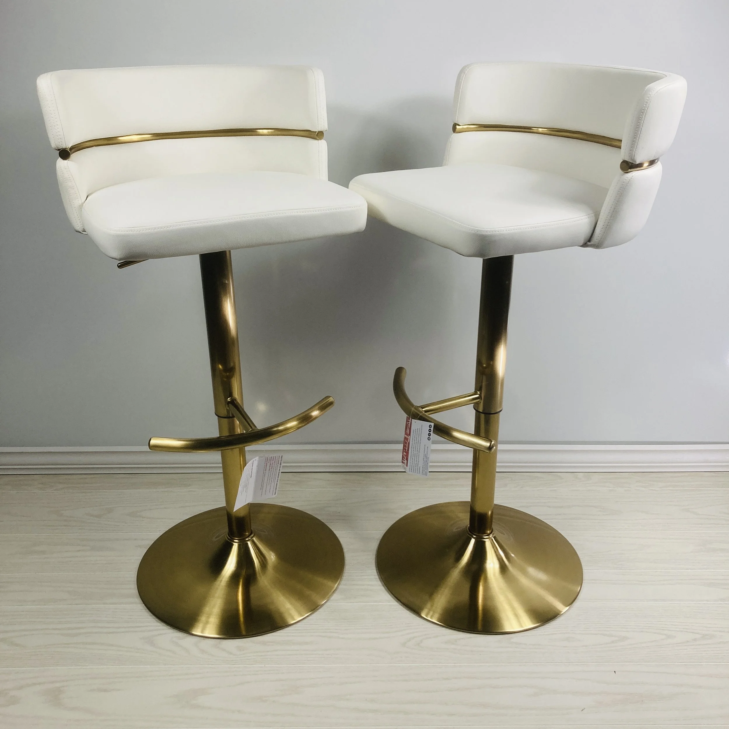 Cinch Adjustable Barstools - White Faux Leather & Gold Metal - Set of 2