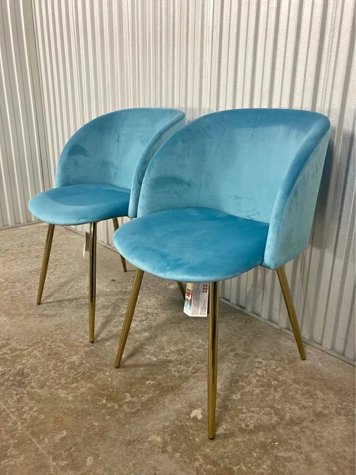 Dining Chairs – Set of 2 (Light Blue Velvet & Gold Metal)