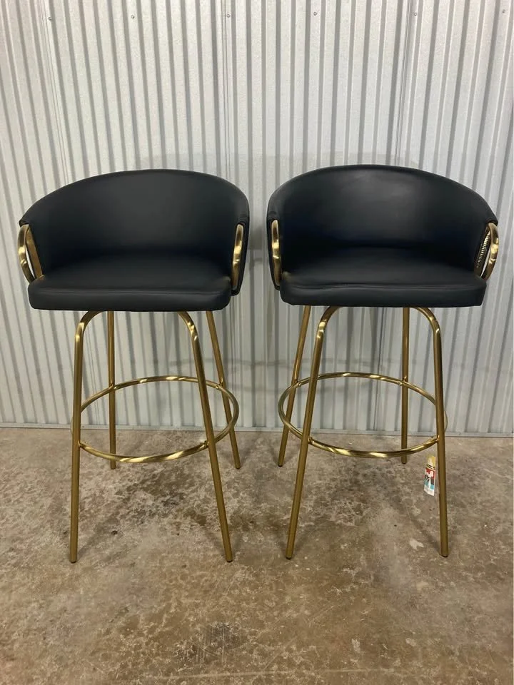 30″ Fixed-Height Bar Stools – Set of 2 (Black PU & Gold Metal)