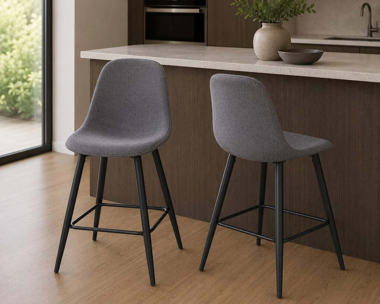 Pebble 24” Counter Stools – Set of 2 (Black Metal & Charcoal Fabric)