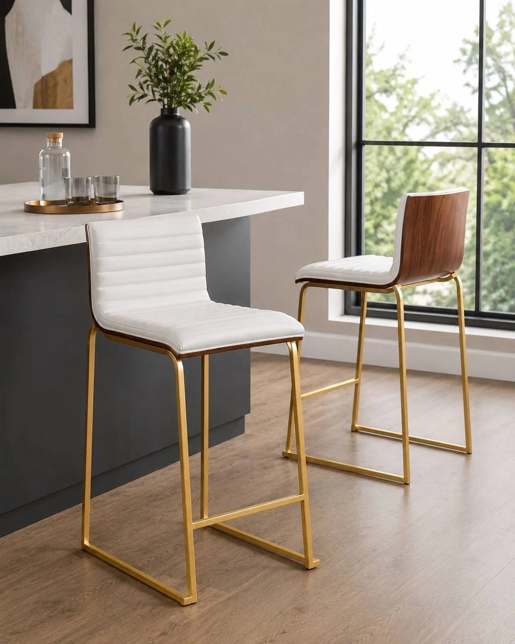 Mason Mara Fixed-Height Counter Stools – Set of 2 (Gold Metal, Walnut Wood & White PU)