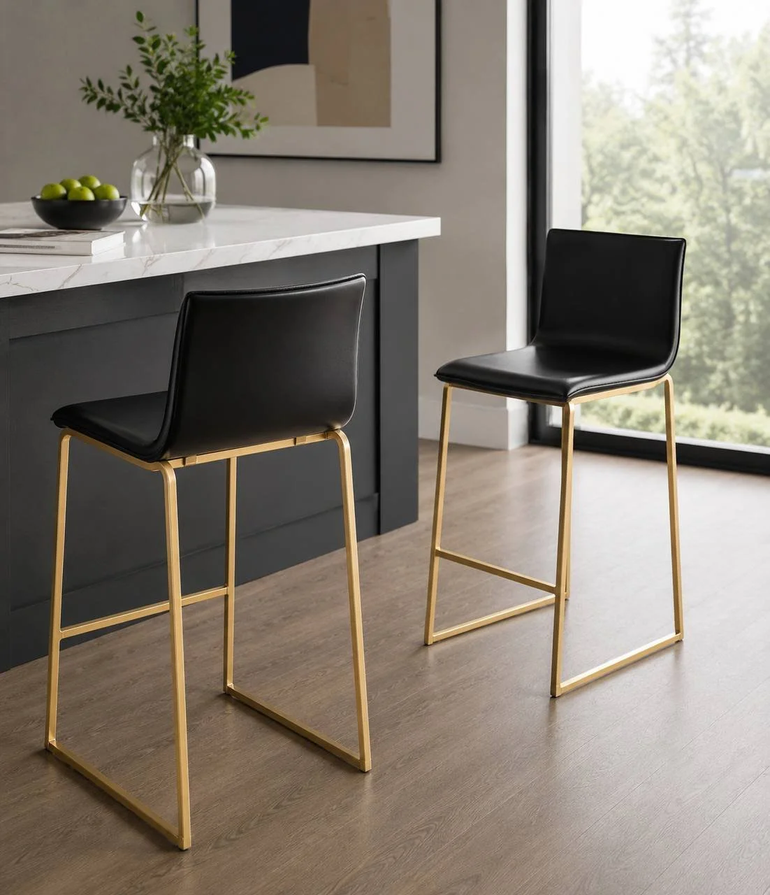 Mara Fixed-Height Barstools – Set of 2 (Gold Steel & Black PU)