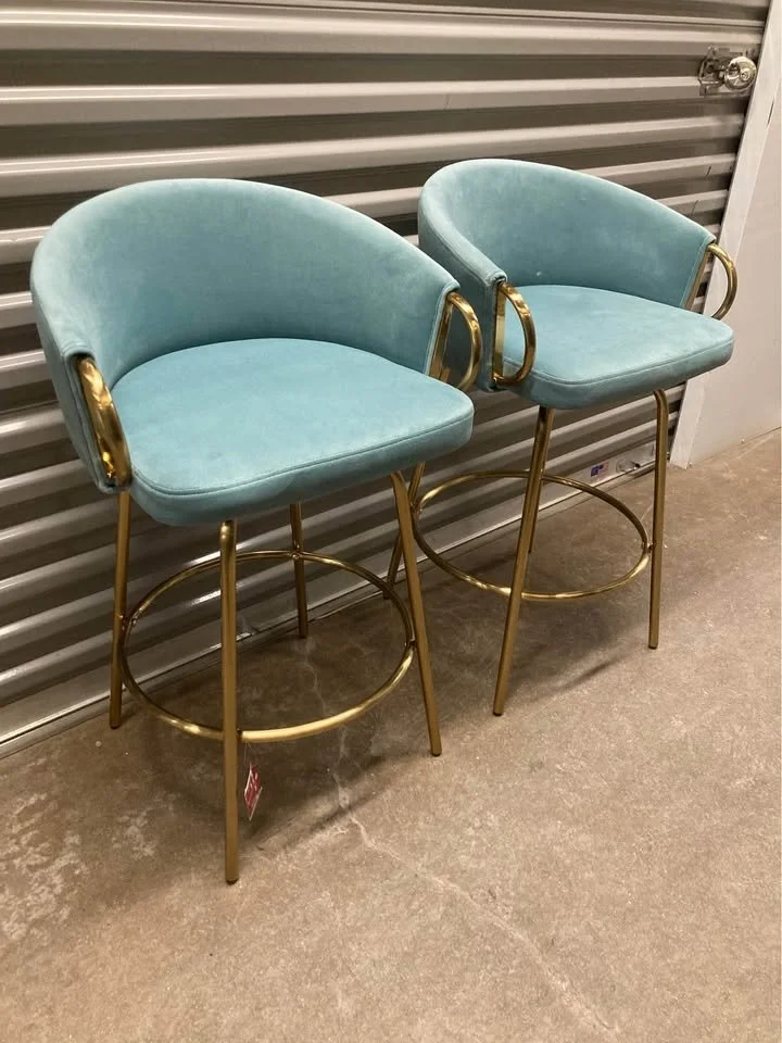 Light Blue Velvet Barstool Gold Metal Frame