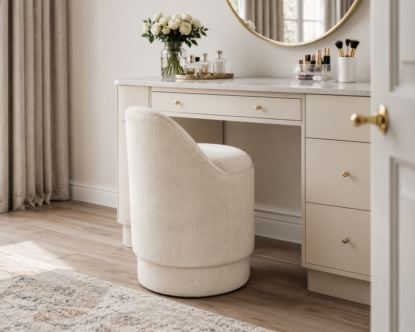 Marla 18” Upholstered Vanity Stool – Cream Fabric
