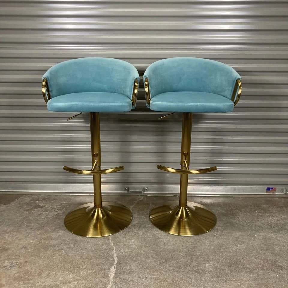 Claire Chic Adjustable Barstool – Set of 2 (Light Blue Velvet & Gold Metal)
