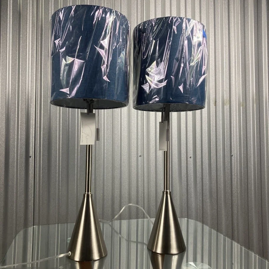 LumiSource modern table lamps with blue drum shade and metal base
