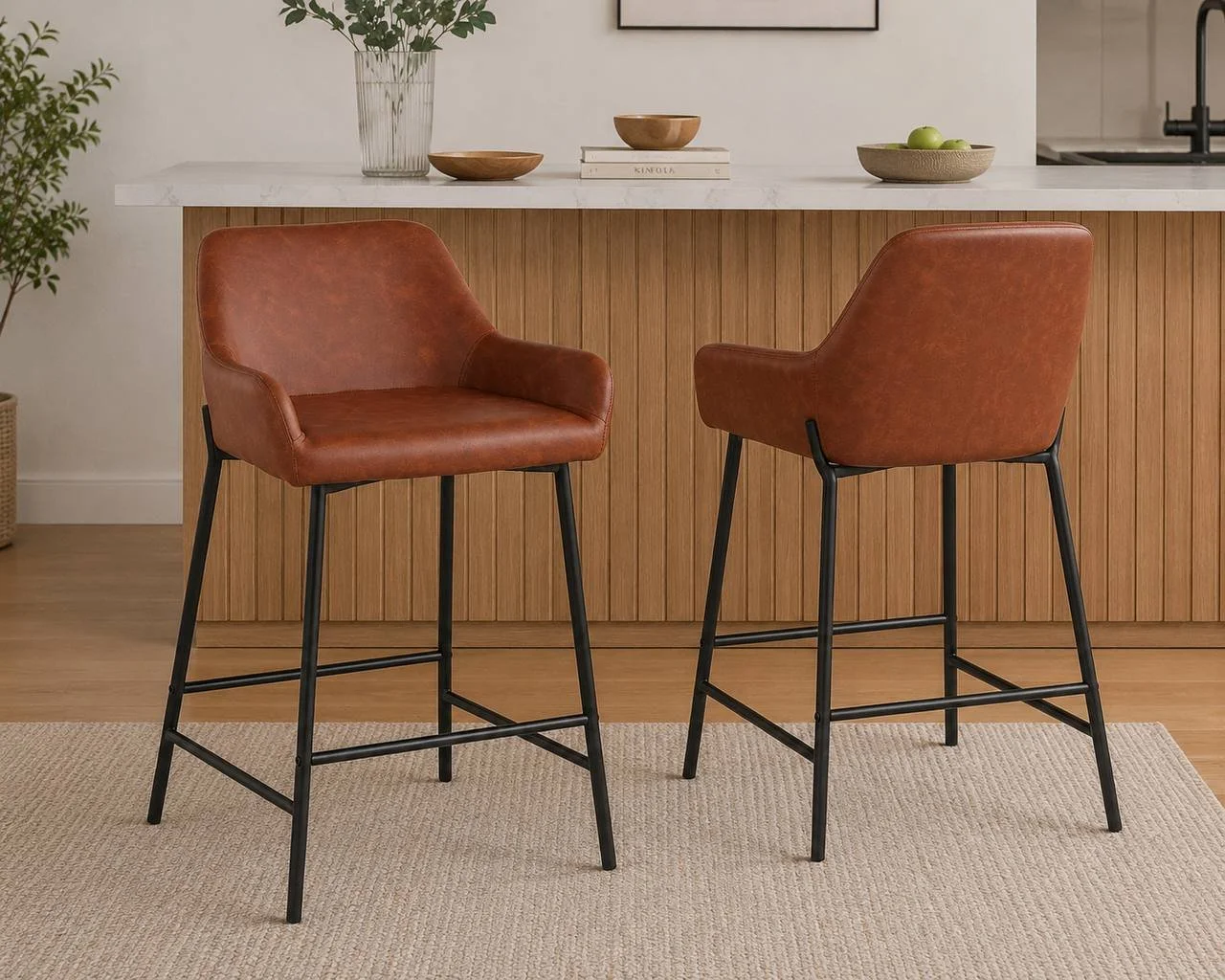 Daniella 24" Fixed-Height Counter Stool – Set of 2 (Black Metal & Camel PU)