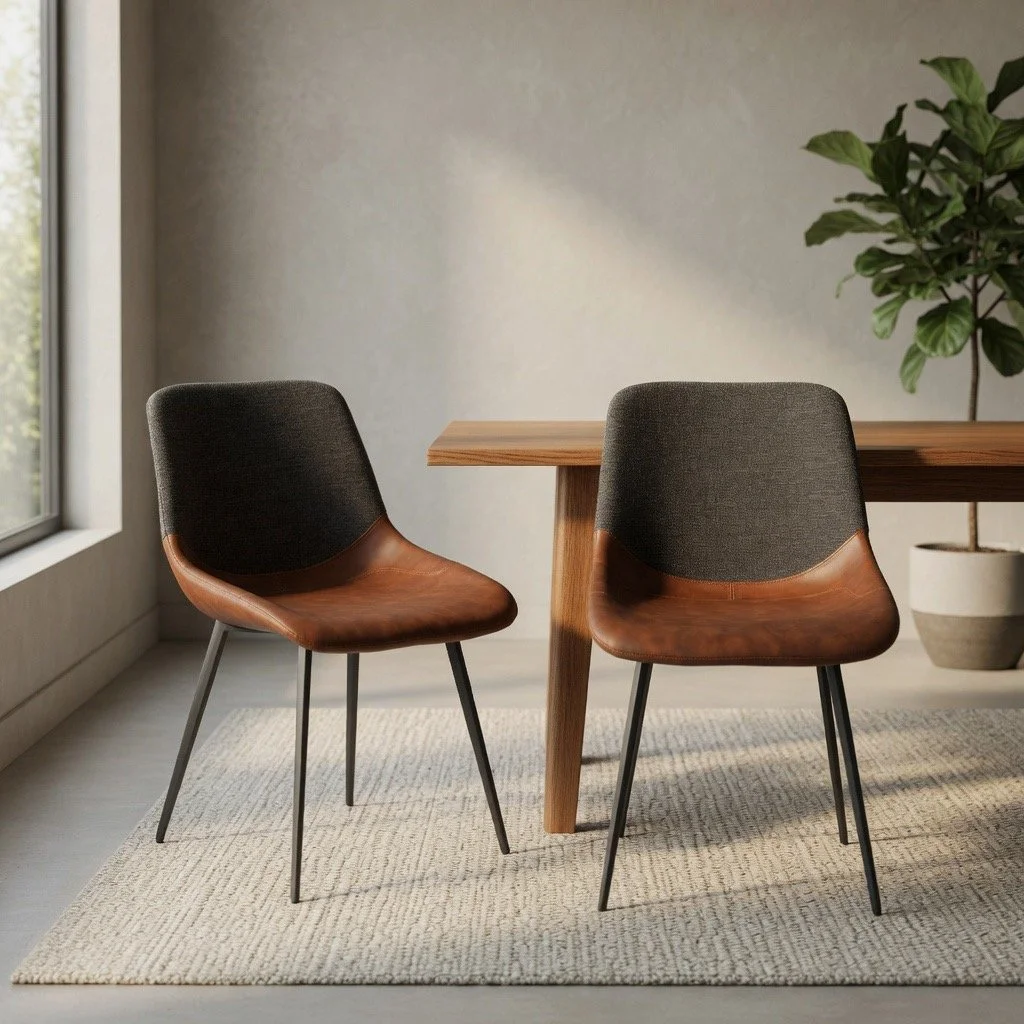 Outlaw Two-Tone Chair – Set of 2 (Brown PU & Grey Fabric, Black Metal)
