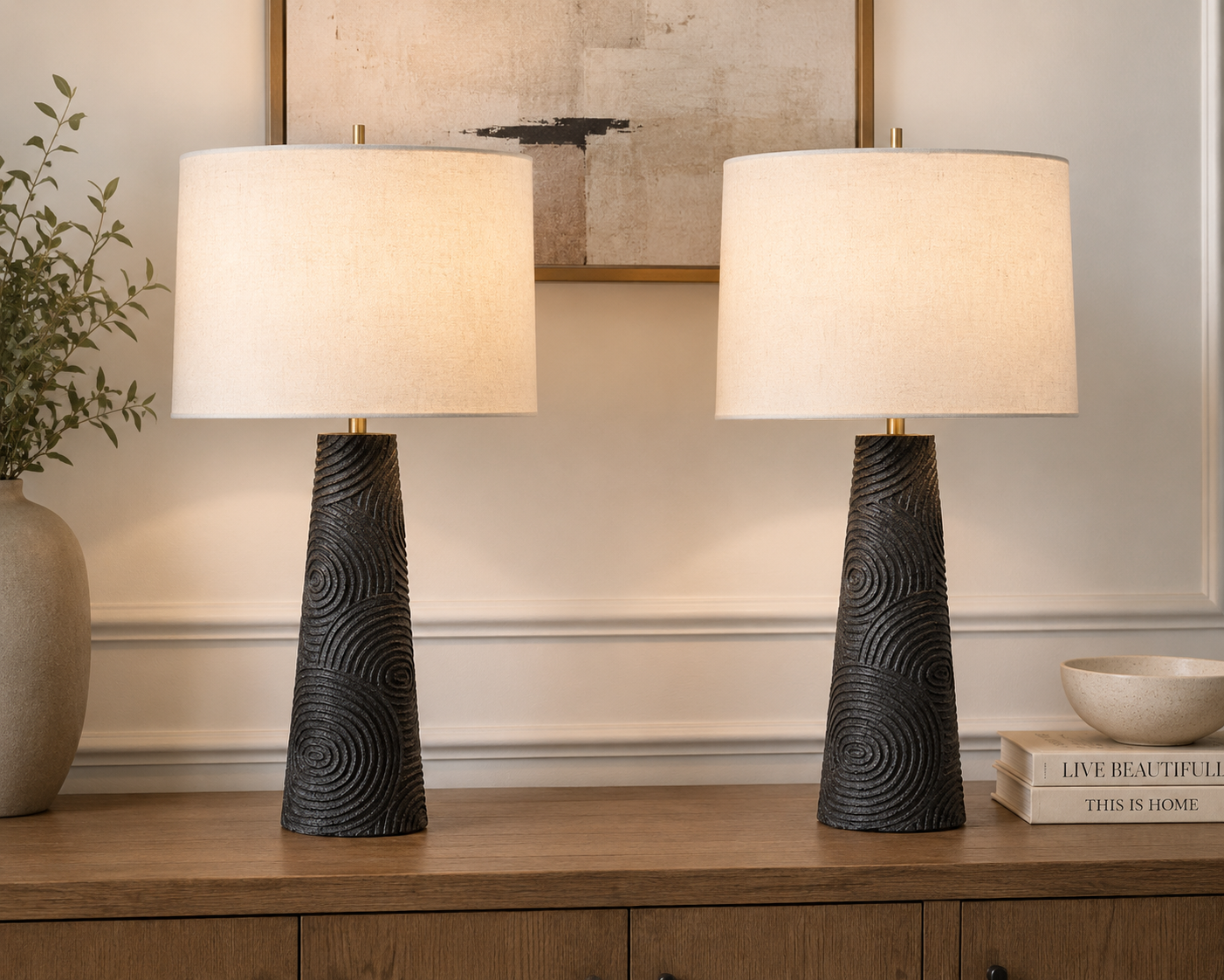 Black Polyresin Table Lamps with Natural Linen Shades – Set of 2