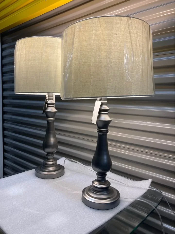 Gunmetal Gray Table Lamp With Beige Fabric Shade