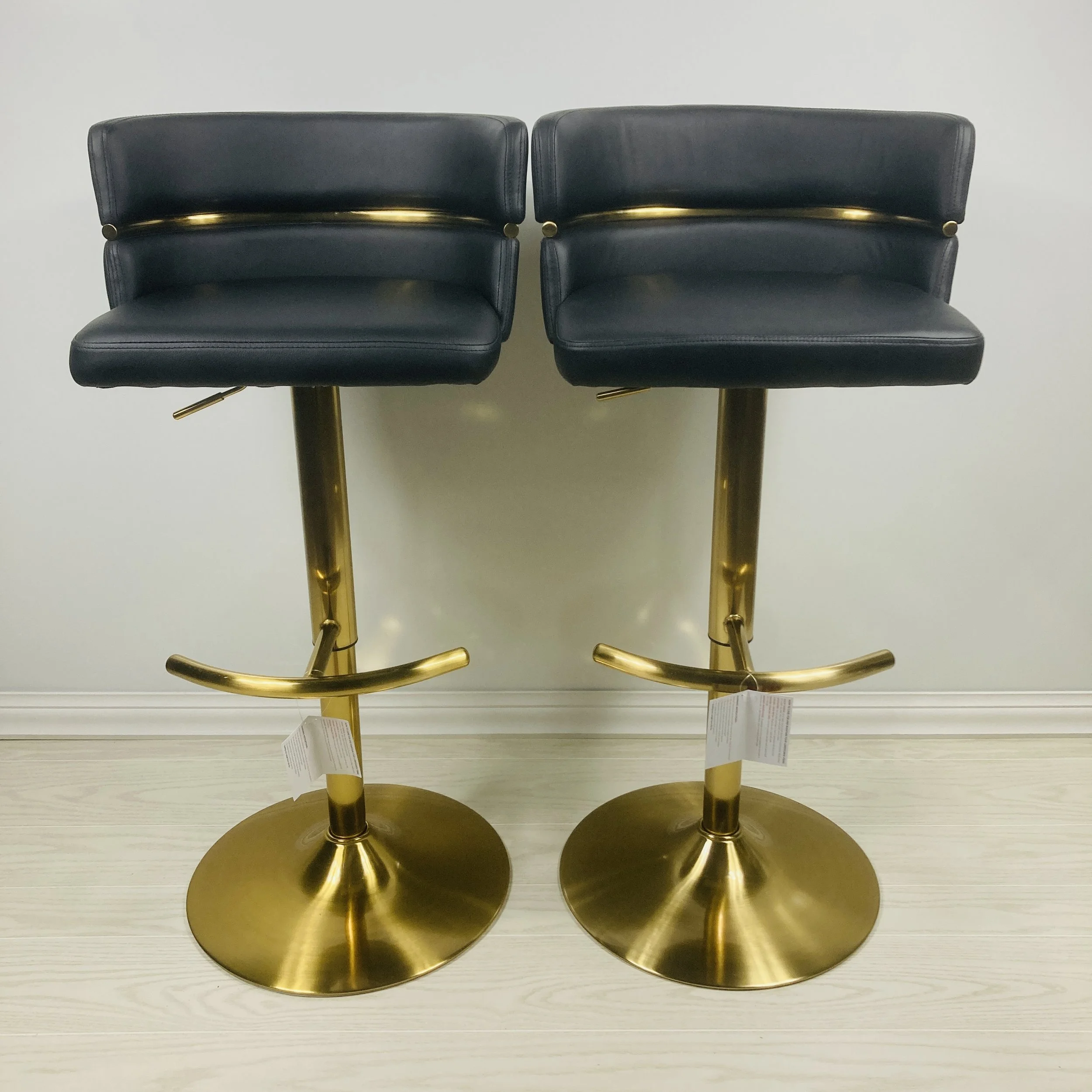 Cinch Adjustable Bar Stools – Black Faux Leather & Gold Metal – Set of 2