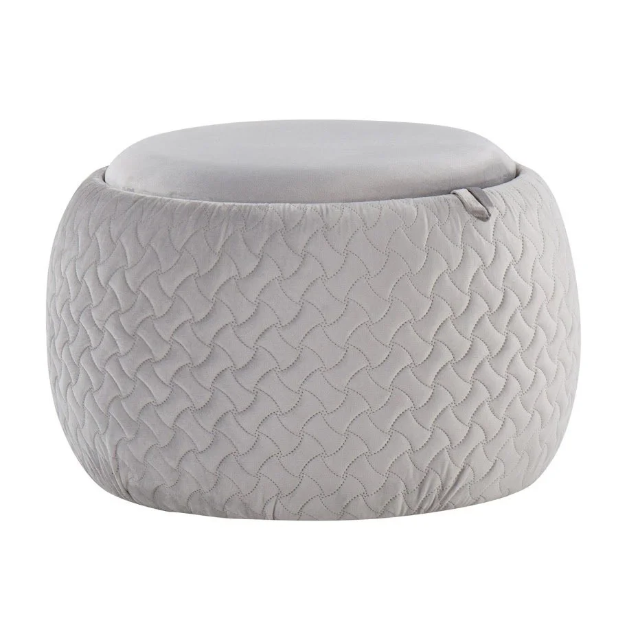 Pouf Ottoman Silver Velvet Natural Wood Base