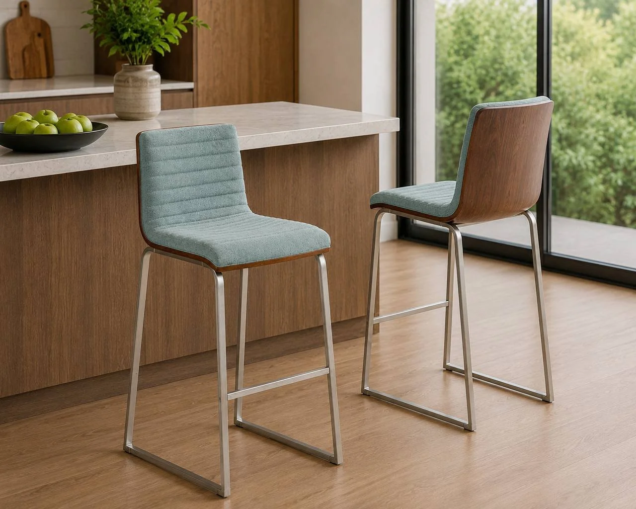 Mason Mara 39” High Back Bar Stools – Set of 2 (Green Fabric & Black Metal with Walnut Back)