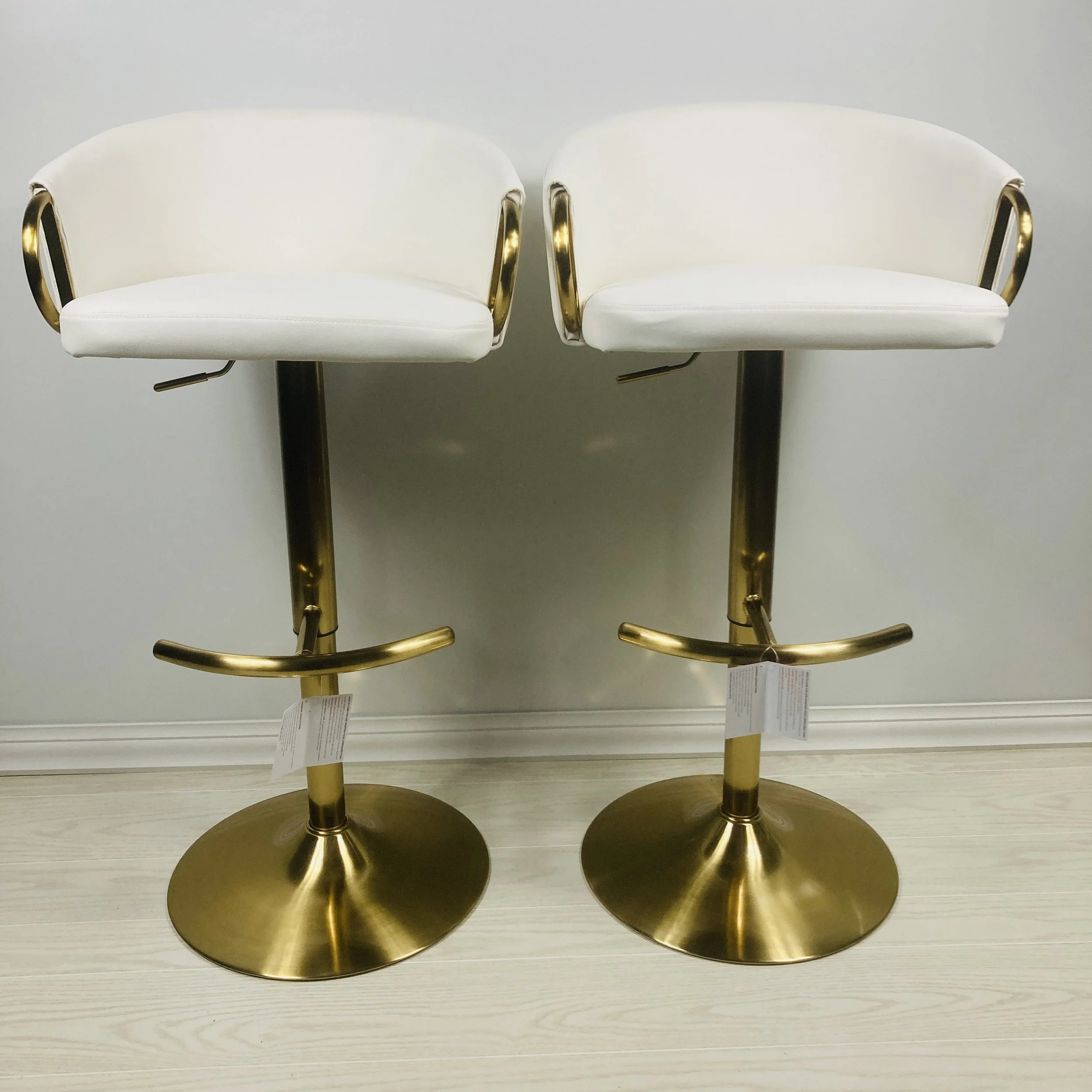 Claire Adjustable Bar Stools – White Faux Leather & Gold Metal – Set of 2