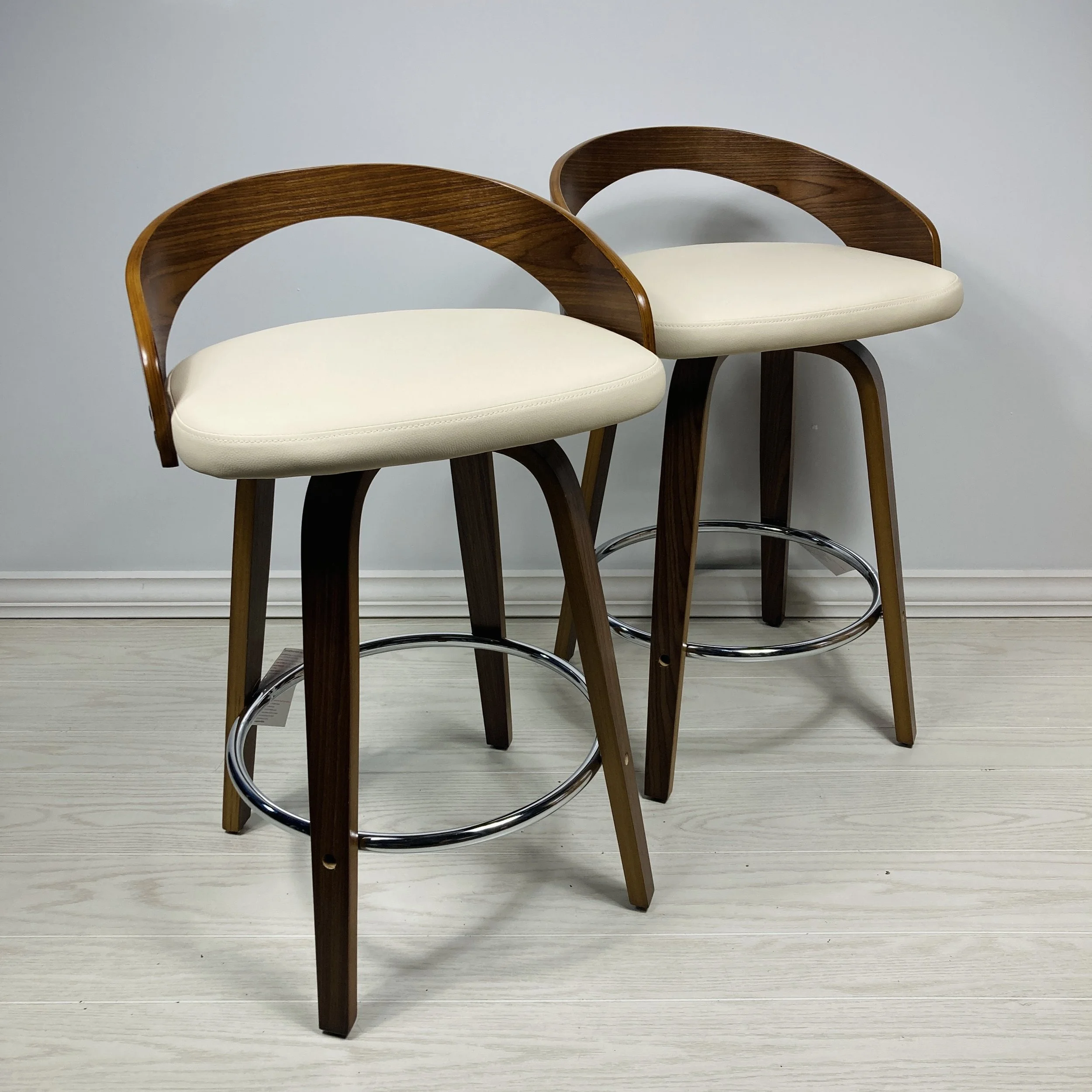 Cream Faux Leather Counter Stools with Walnut Wood Frame & Chrome Footrest – Set of 2