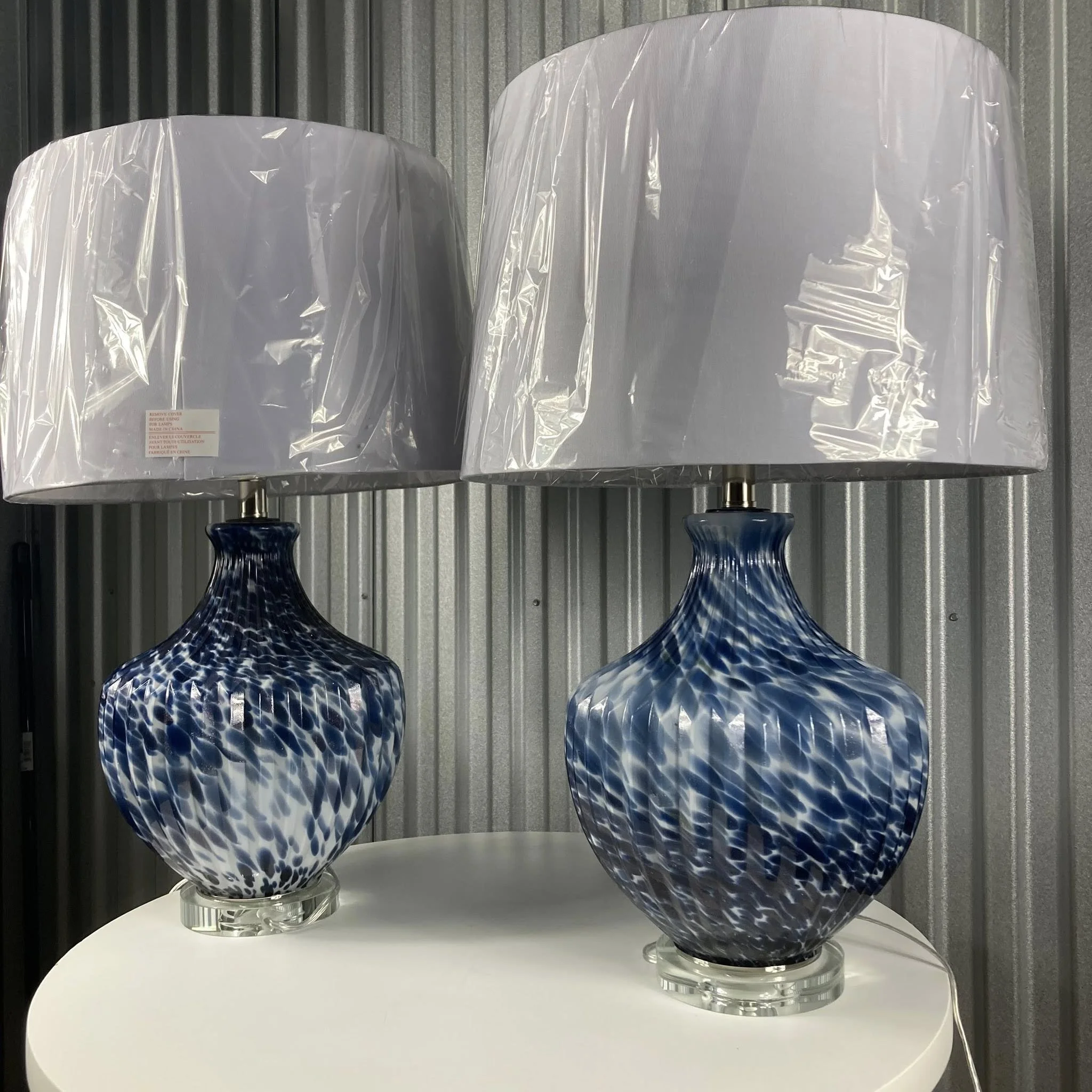 Blue Glass Table Lamp White Shade