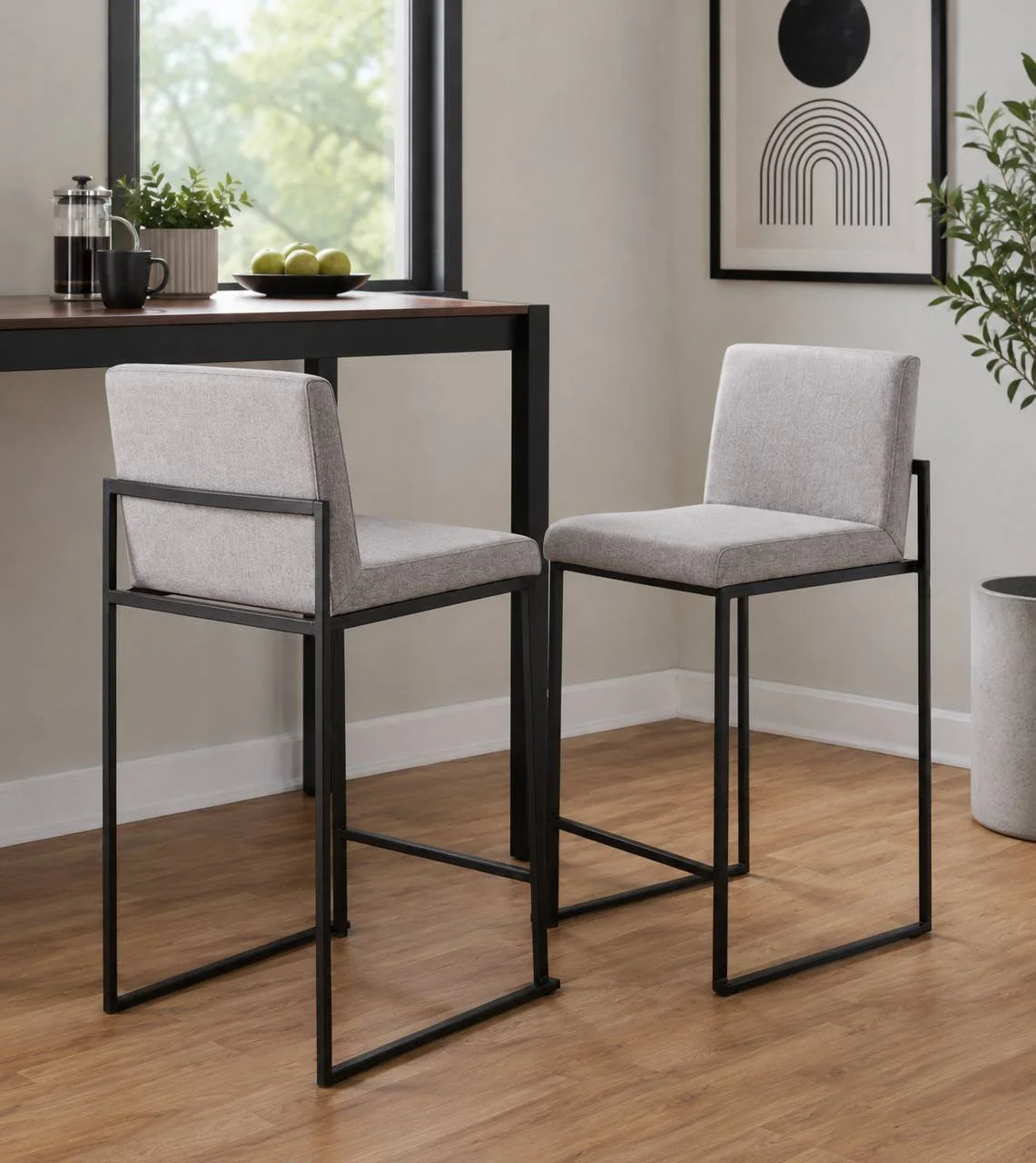 Fuji High Back 26” Fixed-Height Counter Stools – Set of 2 (Black Steel & Grey Fabric)