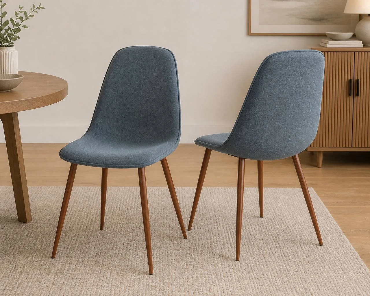 Pebble Chair – Set of 2 (Walnut Metal & Blue Fabric)