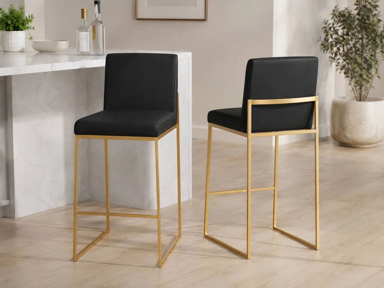 Fuji High Back 26” Fixed-Height Counter Stools – Set of 2 (Gold Steel & Black PU)