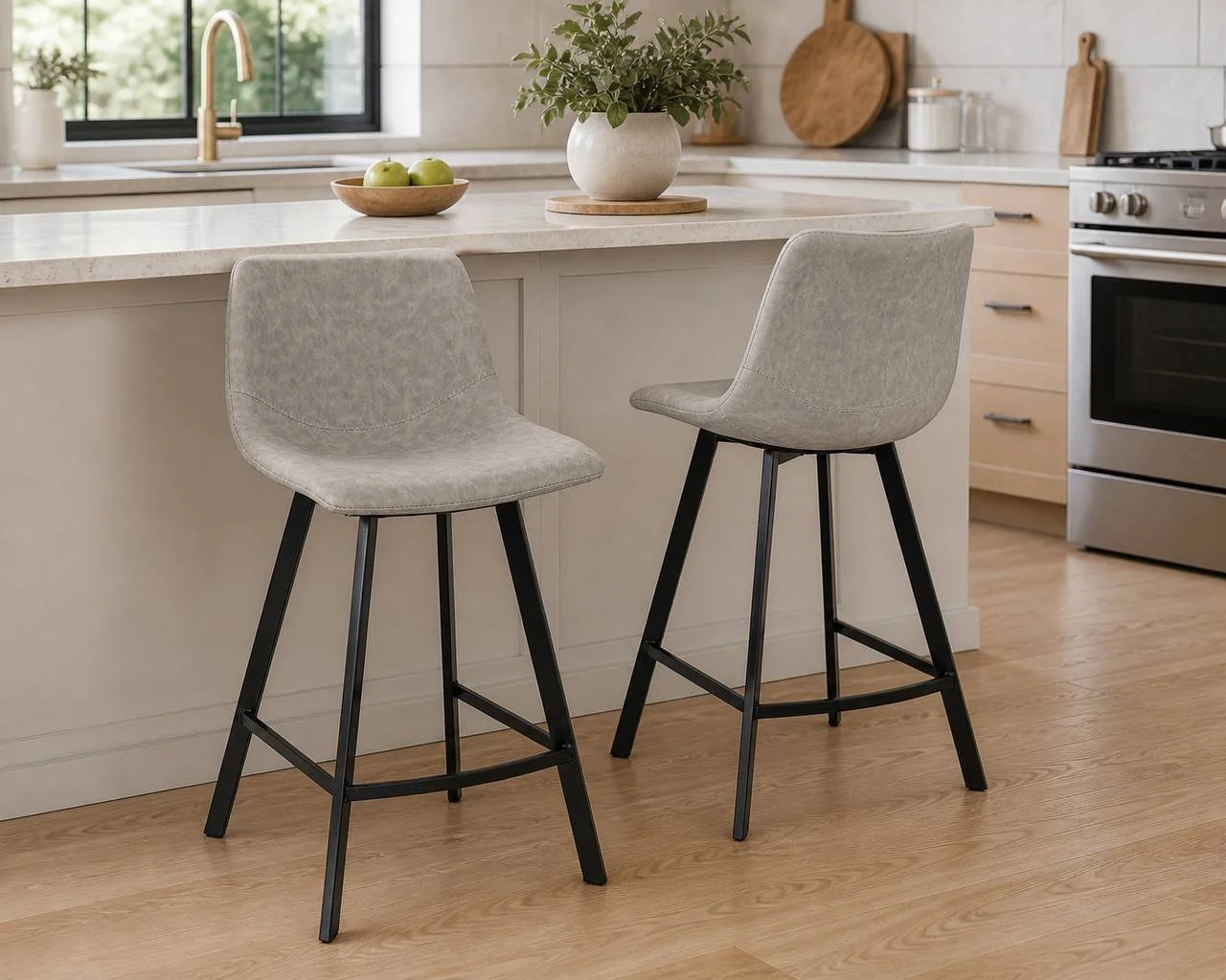 Outlaw 26" Fixed-Height Counter Stool – Set of 2 (Grey PU & Black)