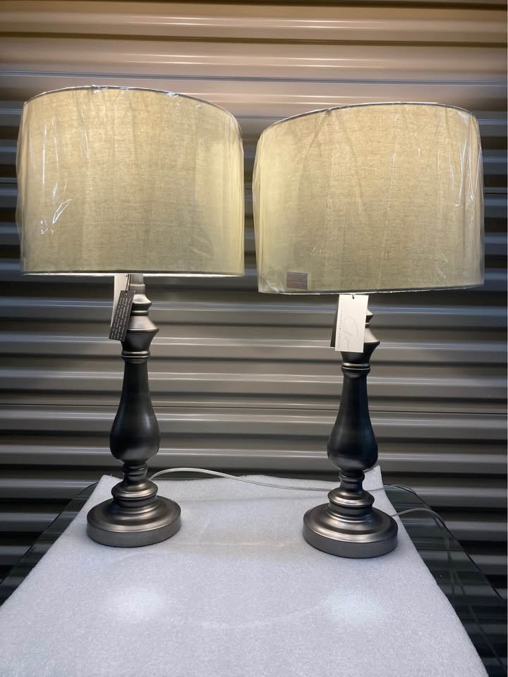 Antique Urn Table Lamps – Set of 2 (Gunmetal Gray & Beige Fabric Shade)