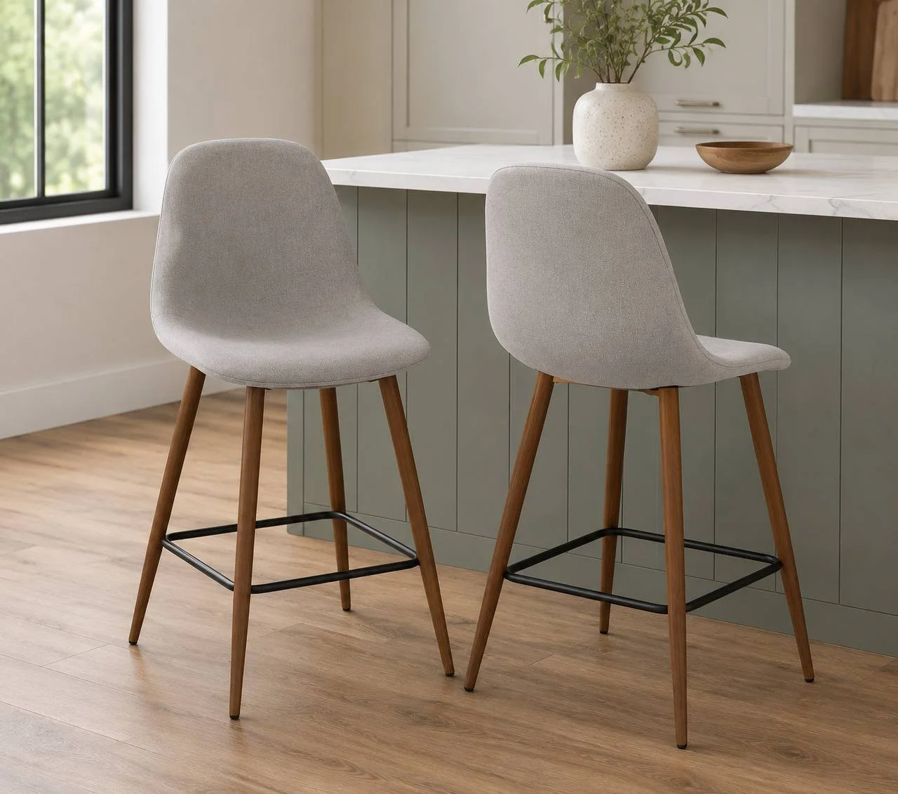 Pebble 24” Fixed-Height Counter Stools – Set of 2 (Walnut & Light Grey)