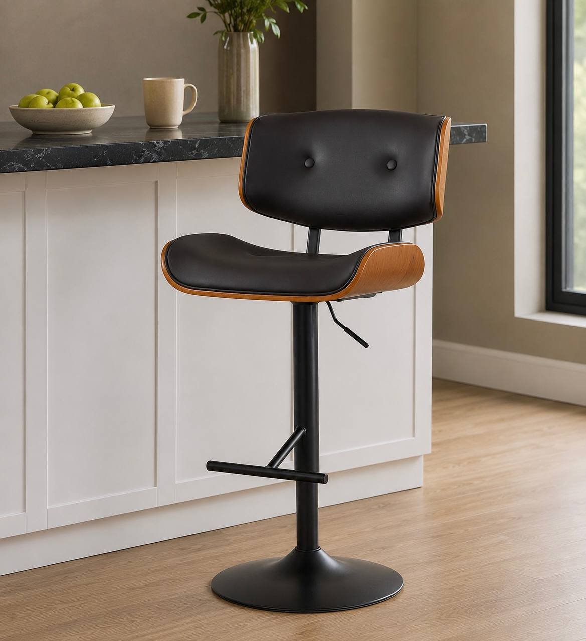 Lombardi Adjustable Barstool (Black Metal, Walnut Wood & Espresso PU)