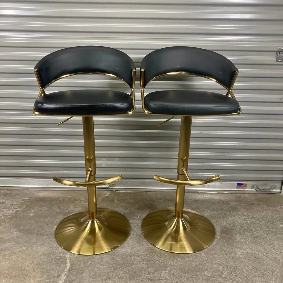 Gold Metal & Black Faux Leather Adjustable Barstool