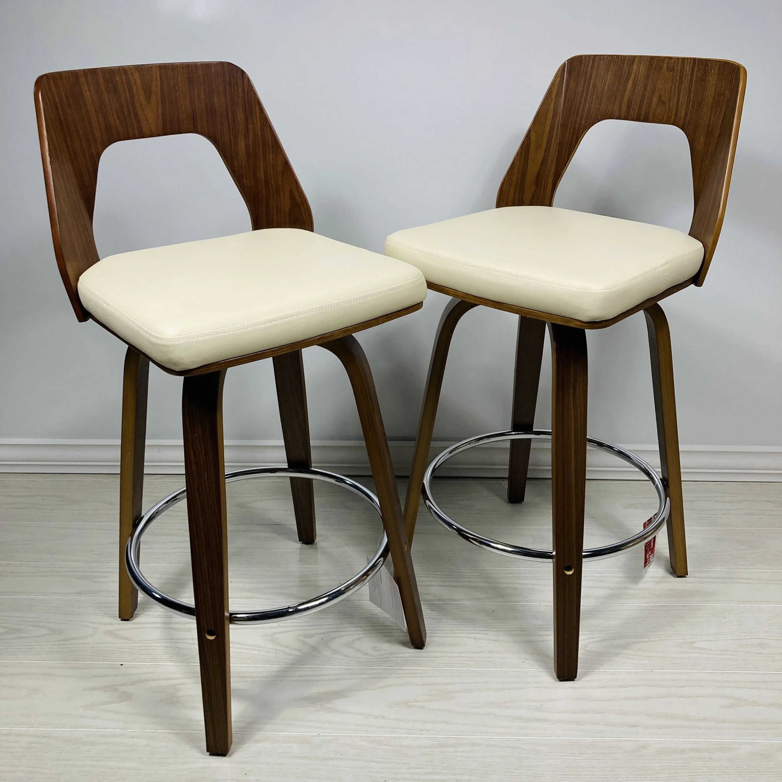 Walnut Wood Counter Stools with Cream Faux Leather Upholstery – Set of 2