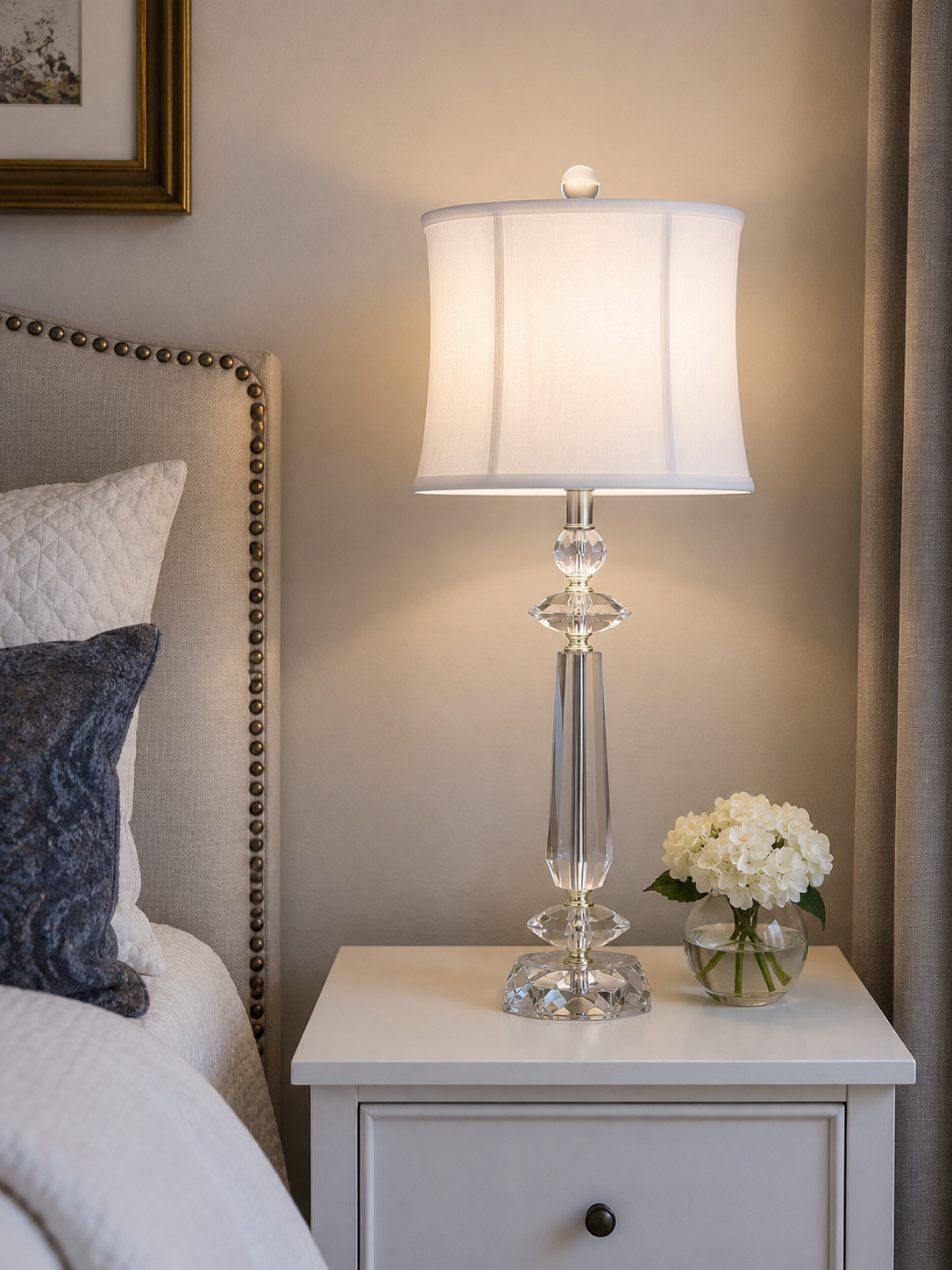 Karat 26” Crystal Table Lamp Set (Set of 2) – Clear Crystal, Chrome & White Linen