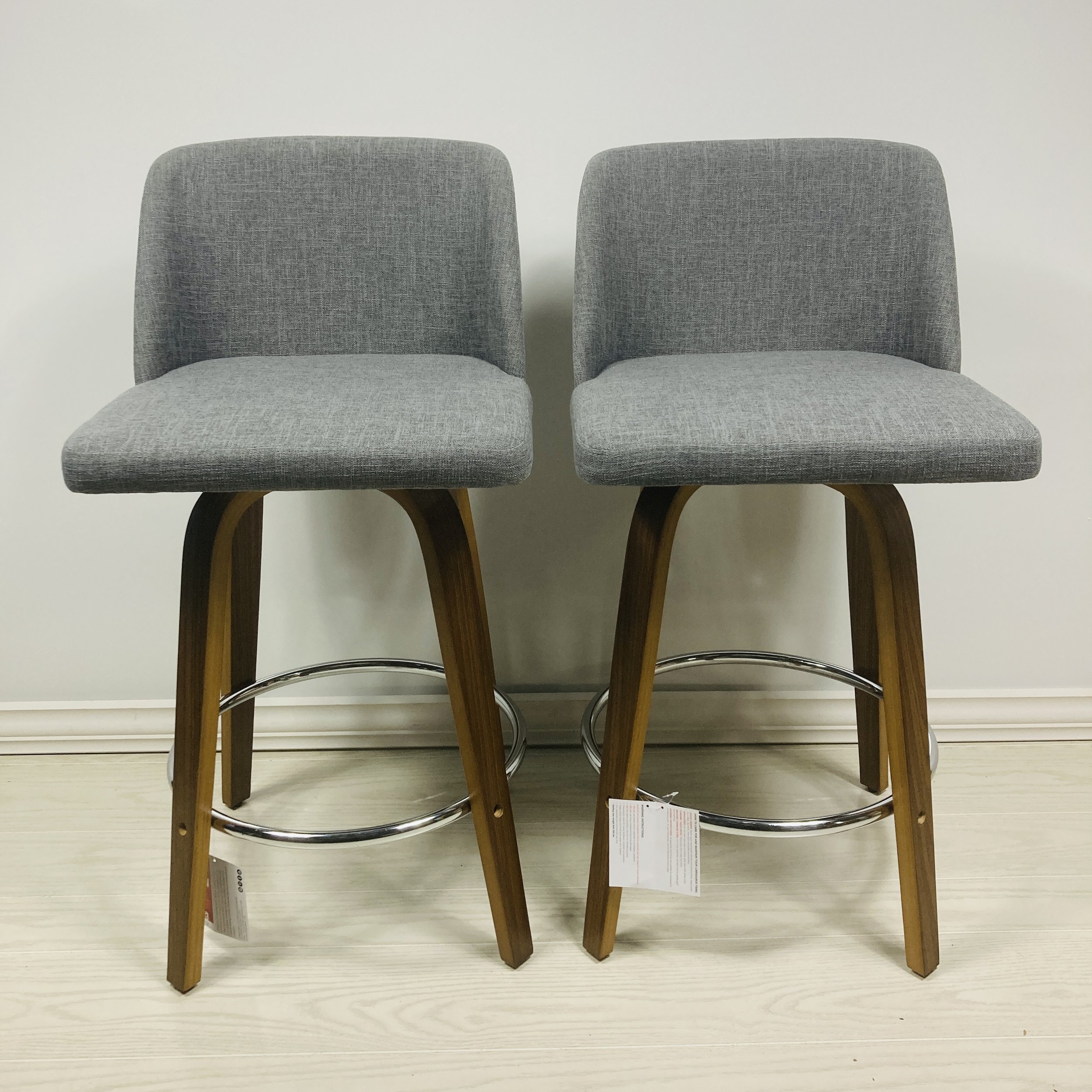Swivel Grey Fabric Counter Stools with Walnut Wood Frame & Chrome Footrest – Set of 2