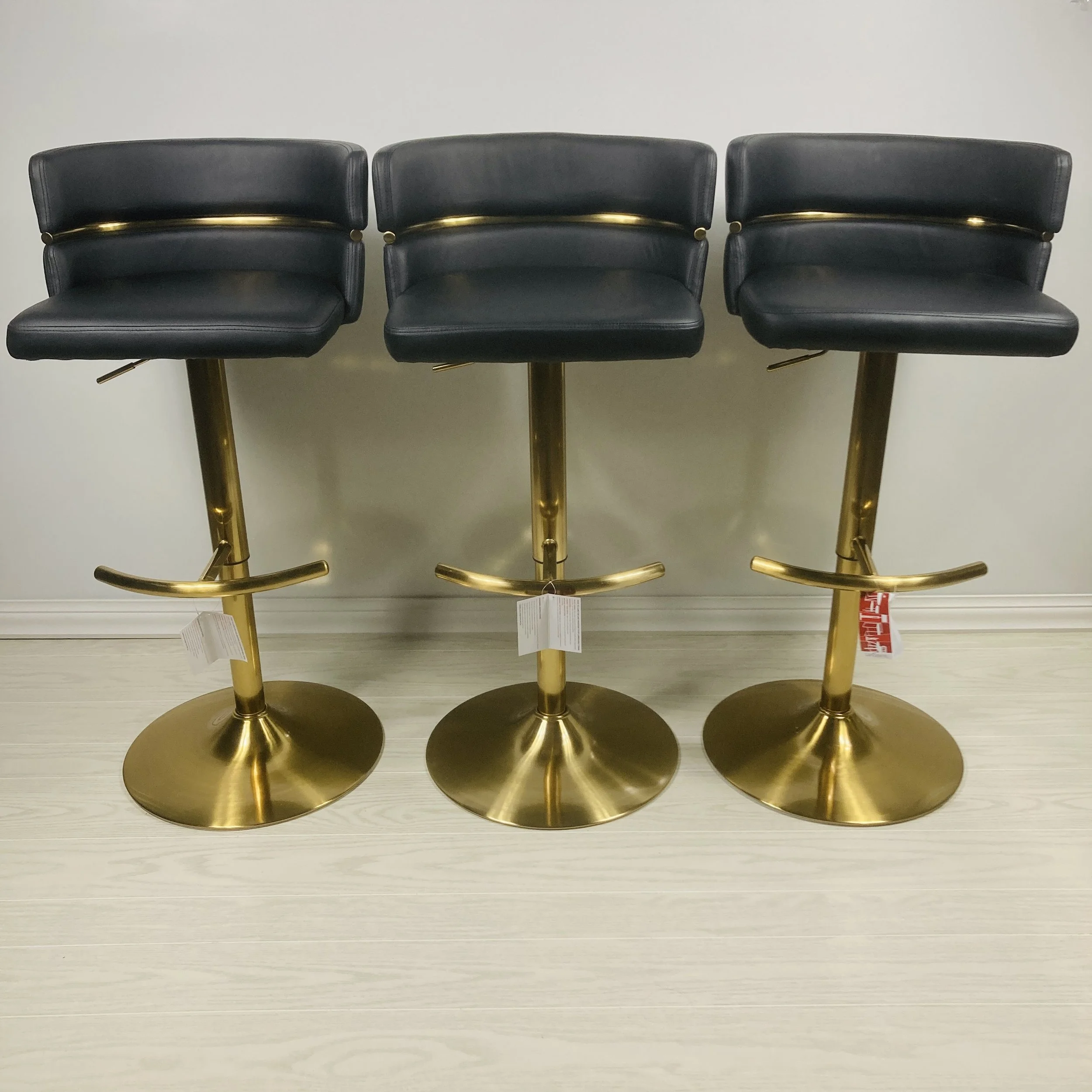 Cinch Adjustable Bar Stools – Black Faux Leather & Gold Metal – Set of 3