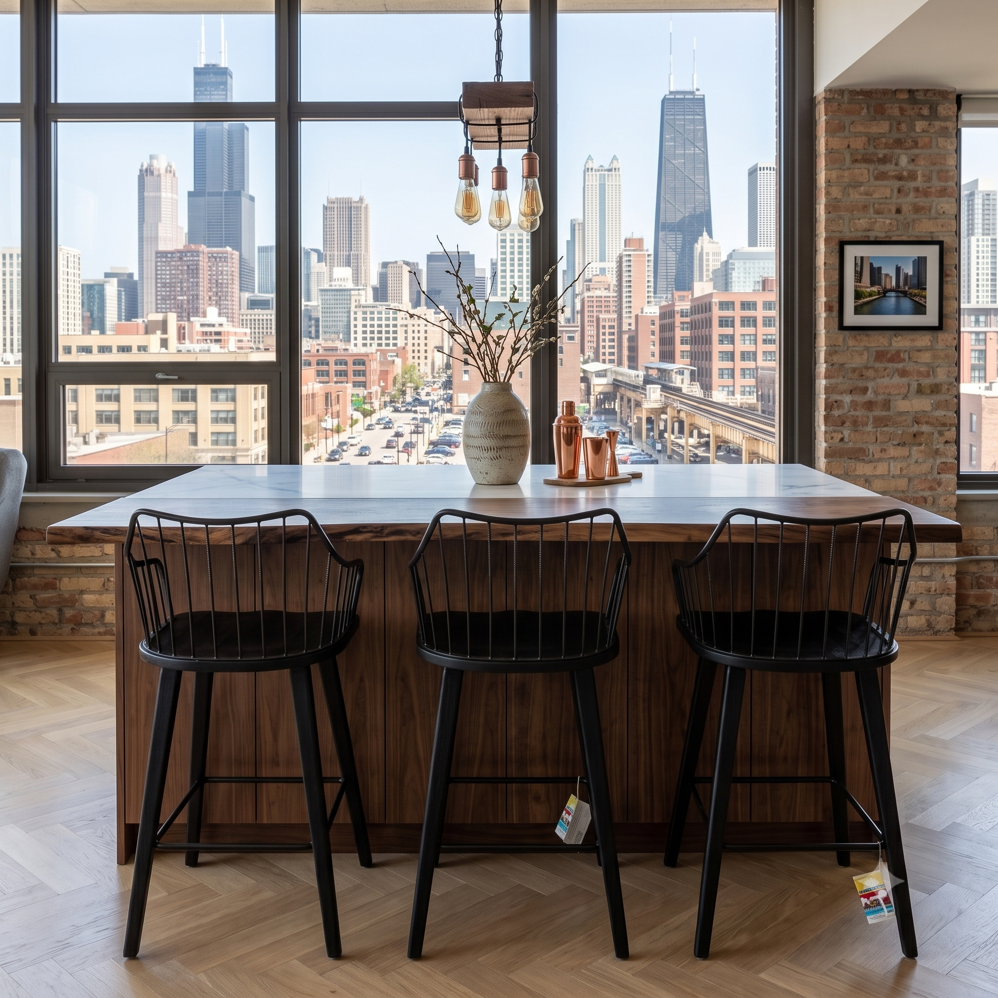 26" Winston Counter Stools – Set of 3  Black Wood Seat & Black Metal Spindle Back