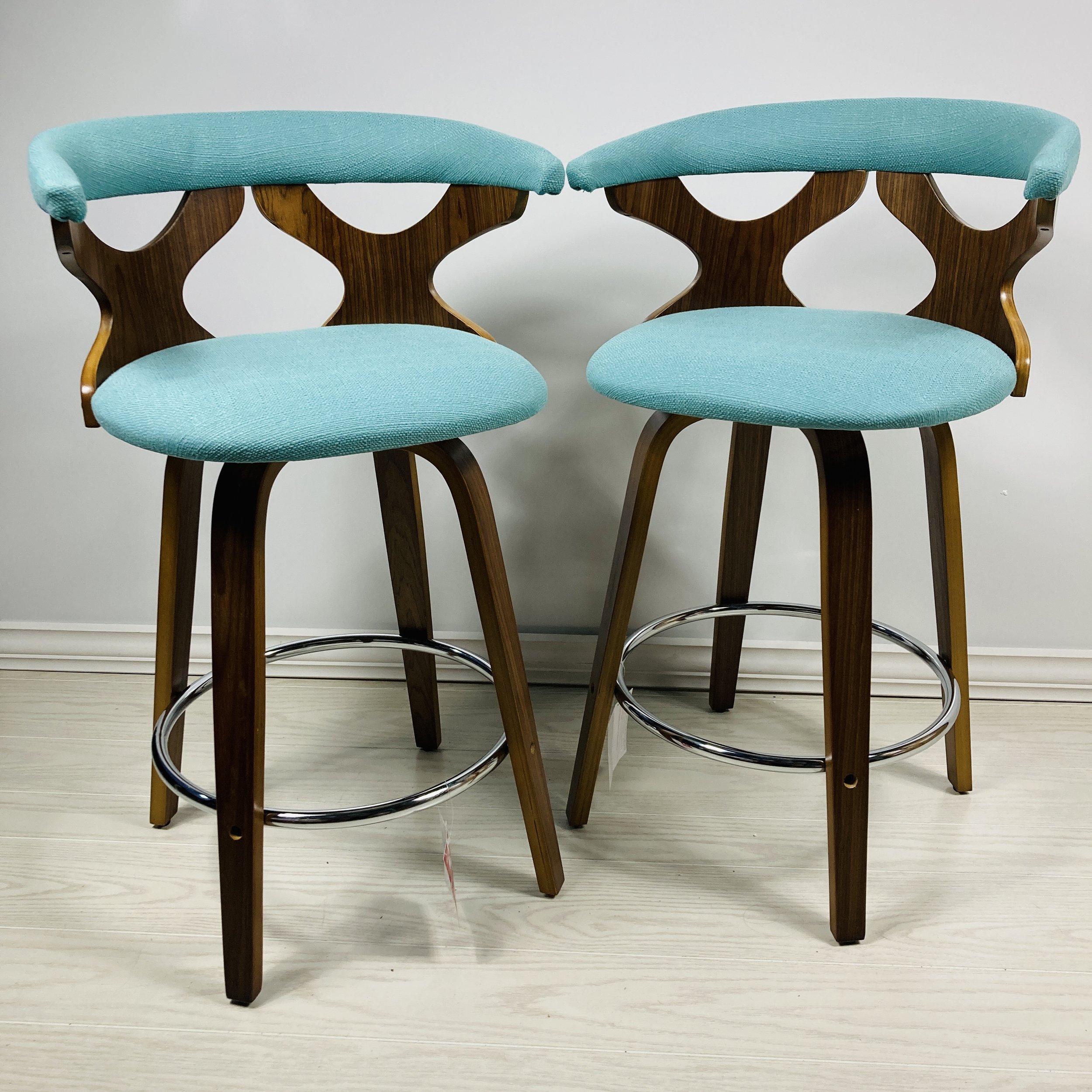 Teal Fabric Counter Stools with Walnut Wood Frame & Chrome Footrest – Set of 2