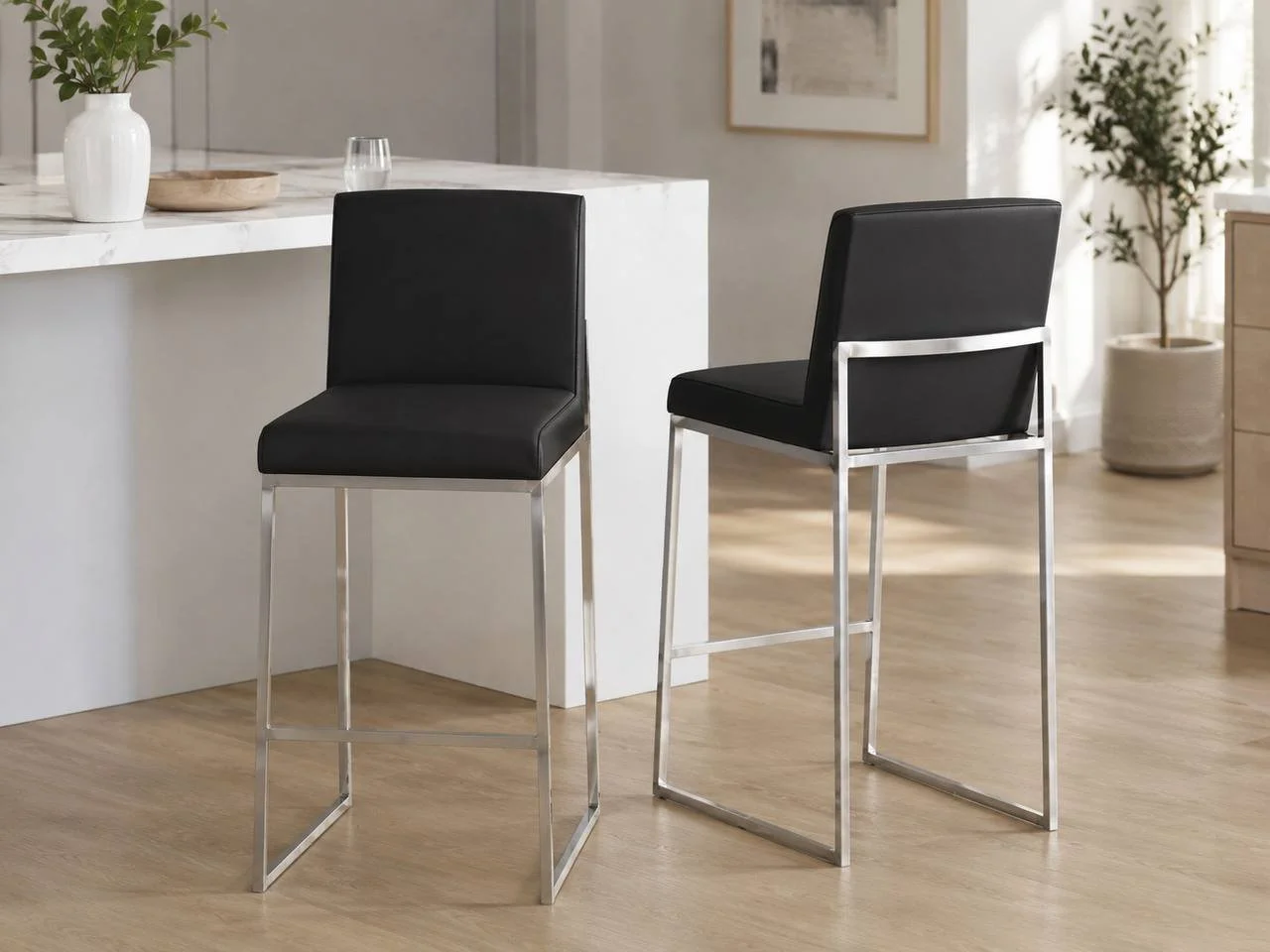 Fuji High Back 26” Fixed-Height Counter Stools – Set of 2 (Stainless Steel & Black PU)