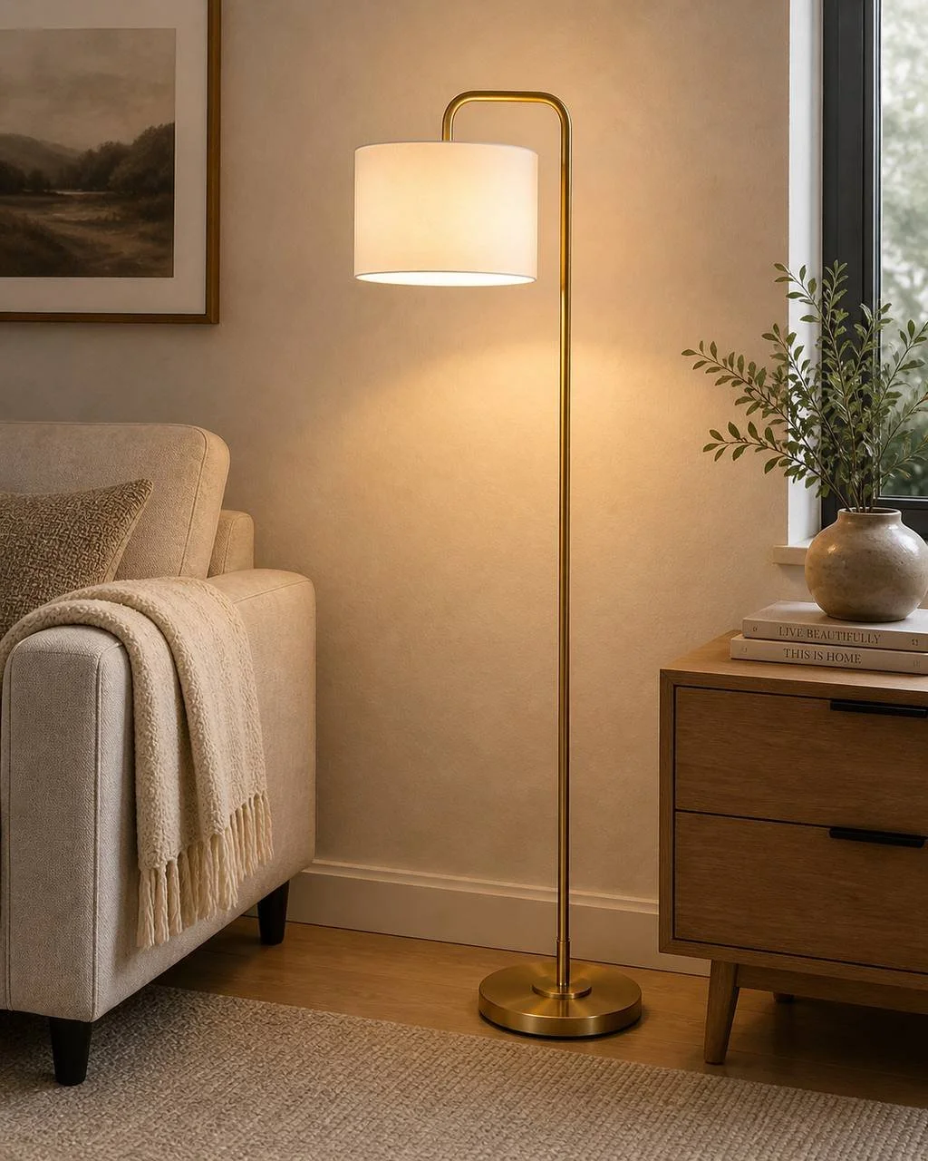 Puck 63" Metal Floor Lamp (Gold Metal & White Linen)