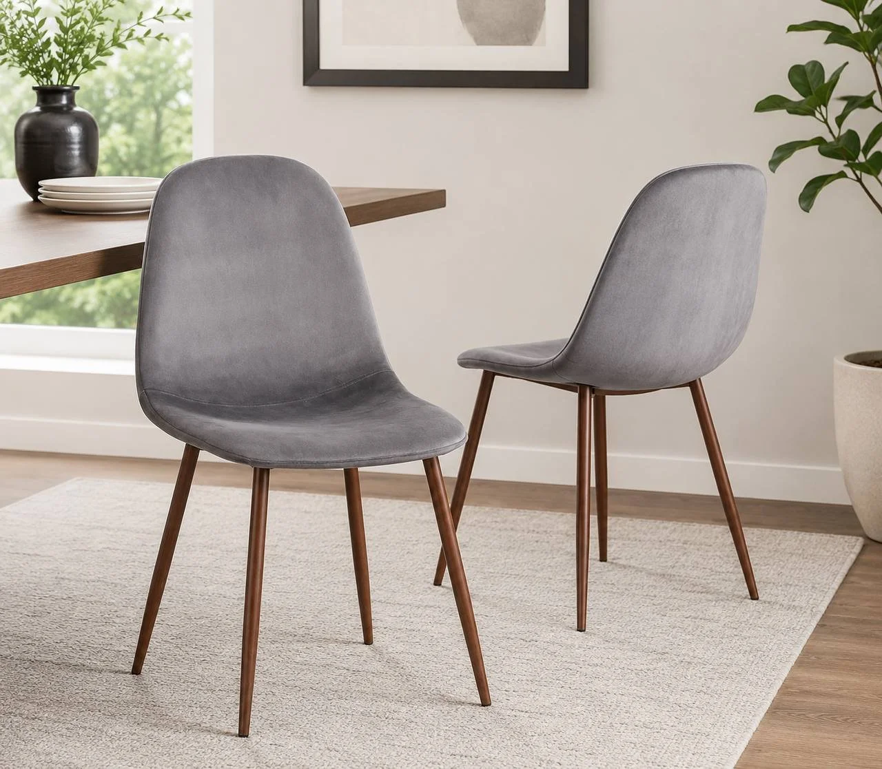 Pebble Chairs – Set of 2 (Walnut Metal & Grey Velvet)