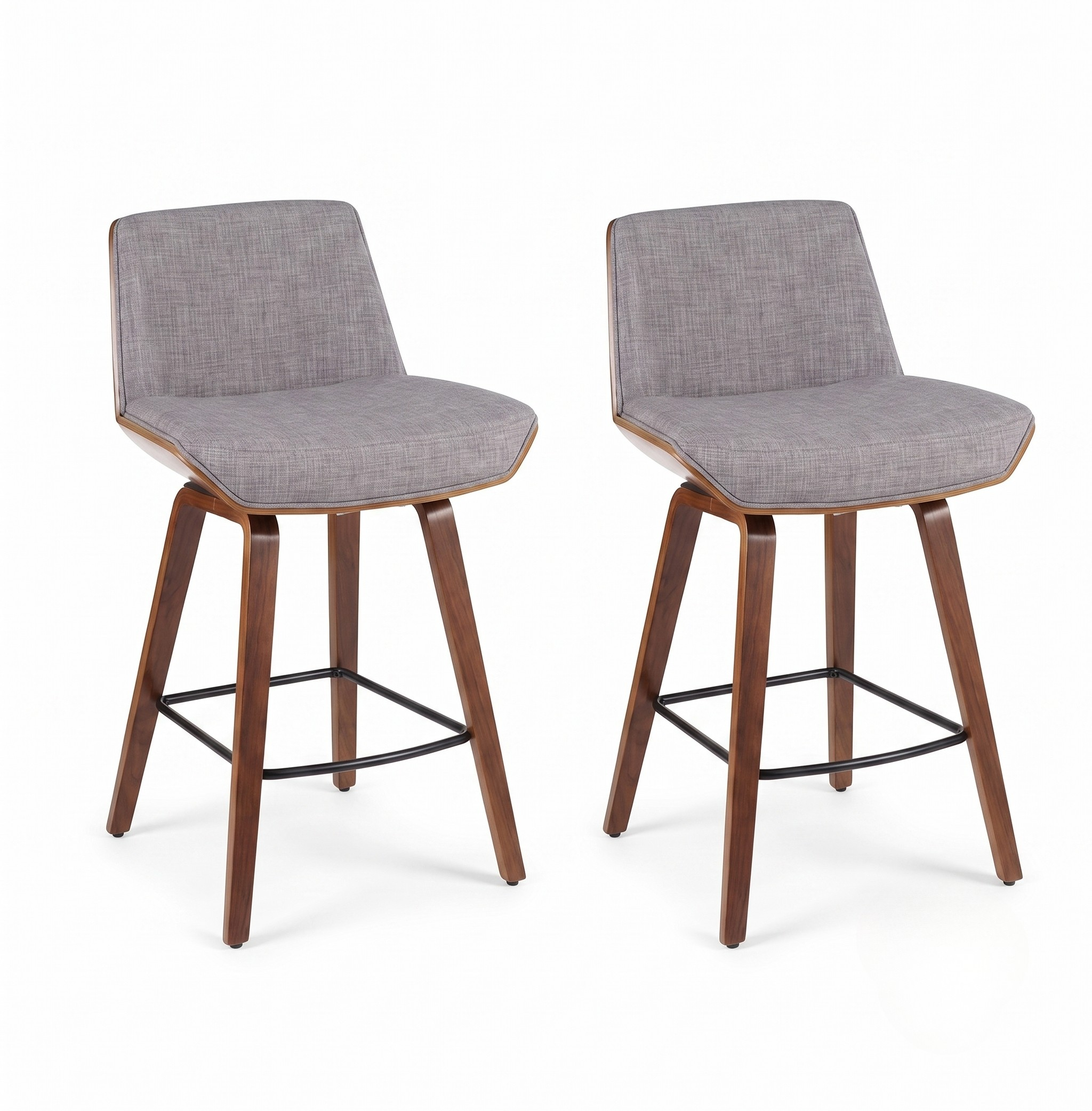 Mid-Century Modern Counter Stools – Set of 2 | Walnut Wood & Light Gray Fabric