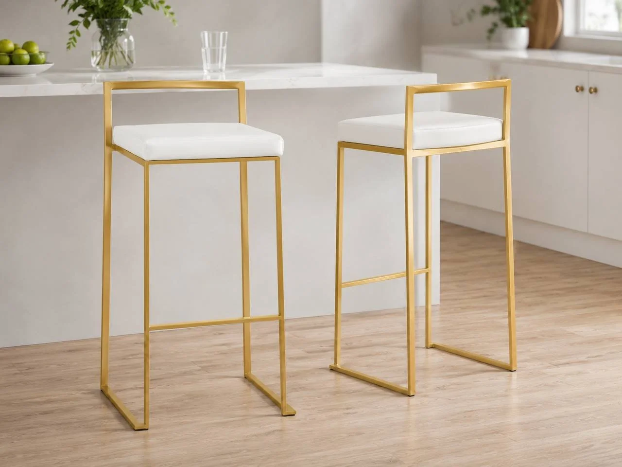 Fuji Stacker 30” Fixed-Height Barstools – Set of 2 (Gold Metal & White PU)