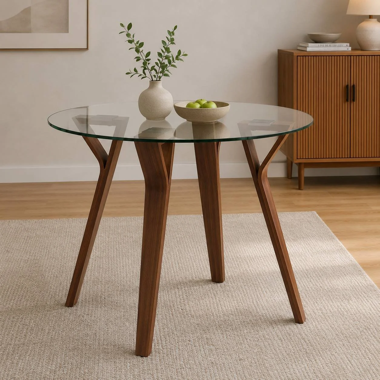 Folia Round Dinette Table (Walnut Wood & Clear Glass)