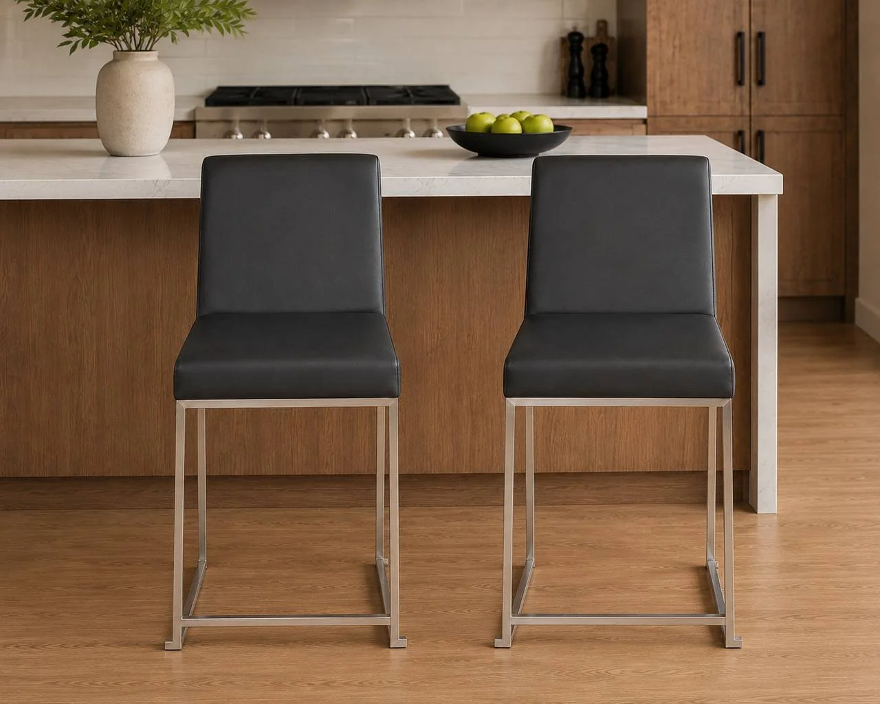 Fuji 34” High Back Dining Chairs – Set of 2 (Brushed Stainless Steel & Black Faux Leather)