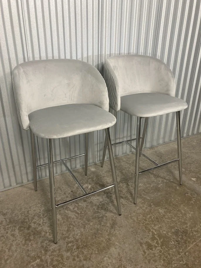 Pleated wave back detail on LumiSource Fran silver velvet stool