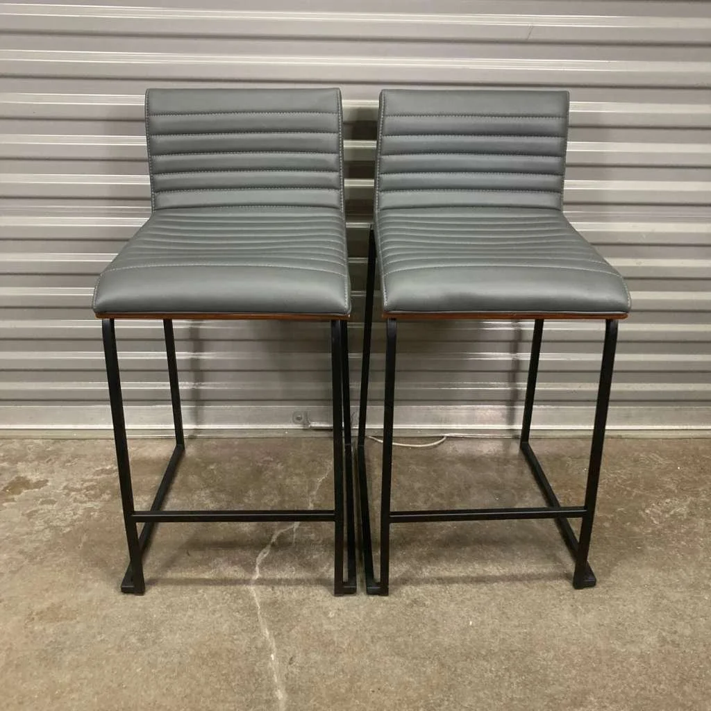 Lumisource Mason Mara Counter Stools – Grey Faux Leather & Walnut Wood (Set of 2)