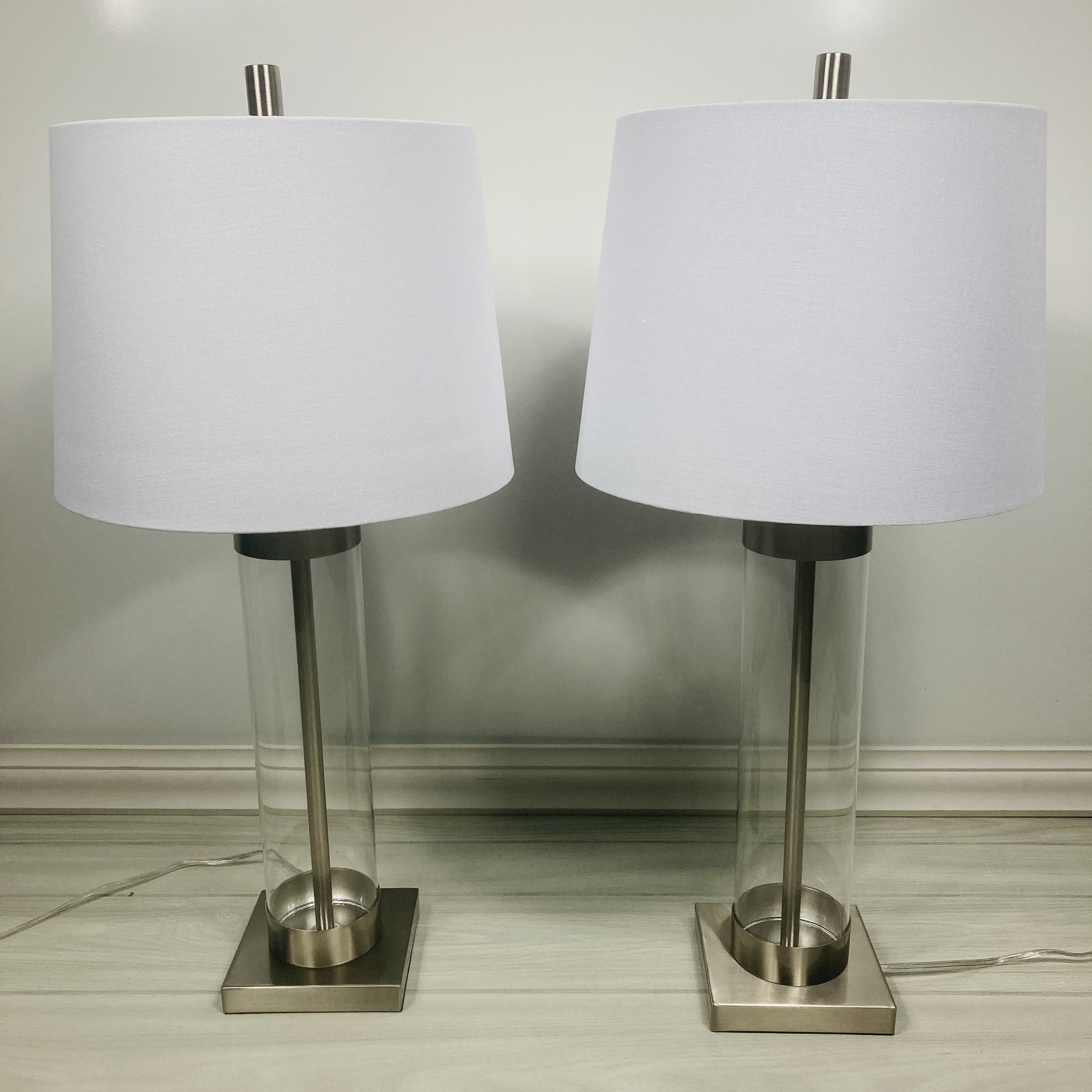 Clear Glass Table Lamps with White Linen Shades – Set of 2 | Brushed Nickel Base