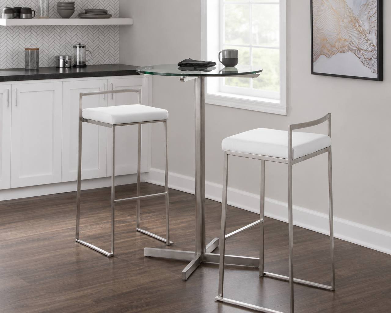 Fuji Stacker 30” Fixed-Height Barstools – Set of 2 (Brushed Stainless Steel & White Velvet)