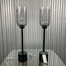 LumiSource industrial mesh table lamps with black metal base and glass shade