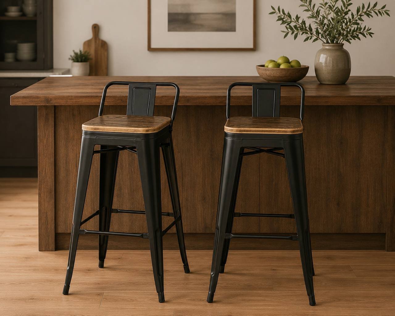 Oregon Low Back 30" Fixed-Height Barstool – Set of 2 (Black Metal & Bamboo)