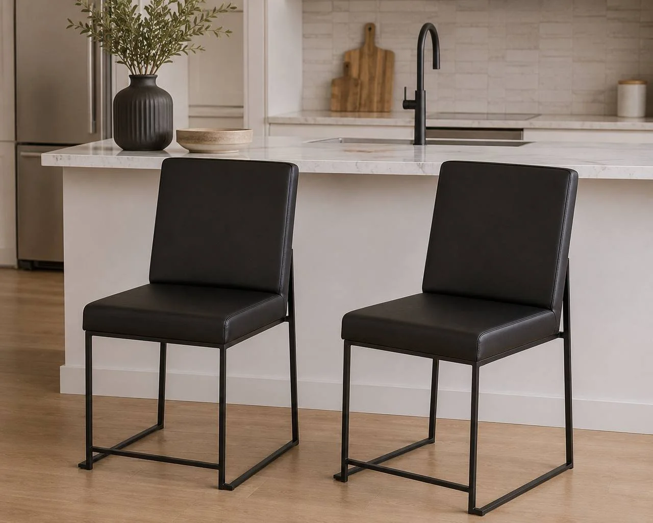Fuji High Back Dining Chairs – Set of 2 (Black Steel & Black Faux Leather)
