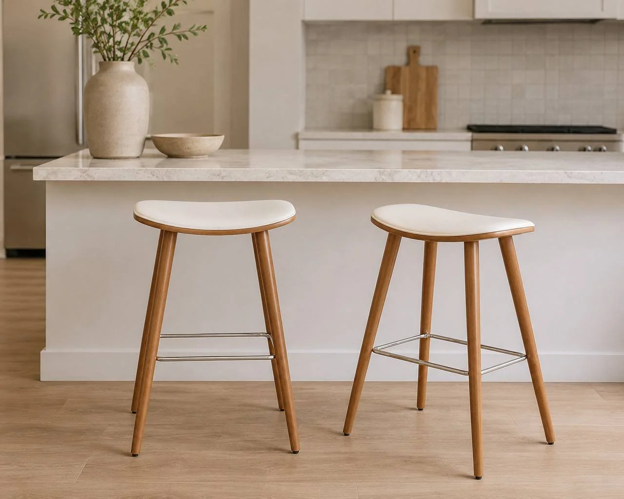 Saddle Counter Stools – Set of 2 (Walnut Wood & White Faux Leather)